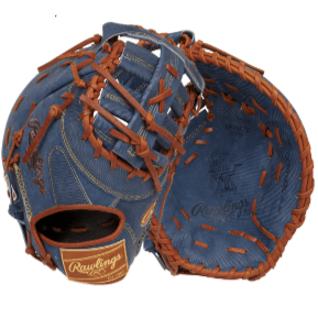Rawlings Heart of the Hide Pro Label Denim Edition 13" First Base Mitt showcasing denim-style design and rich brown stitching.