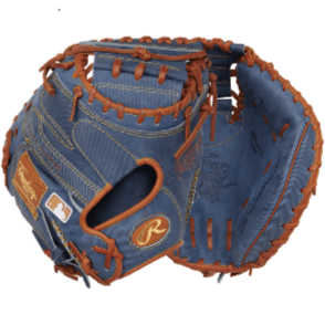 Rawlings Heart of the Hide Pro Label Denim Edition Catchers Mitt in blue denim with brown stitching, 34" RHT.