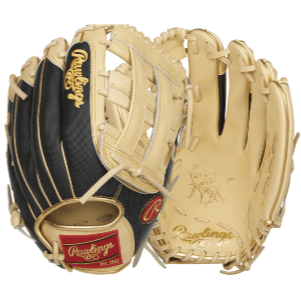 Rawlings 12.5-inch Heart Of The Hide R2G Contour Fit Outfield Glove in black and gold leather design.