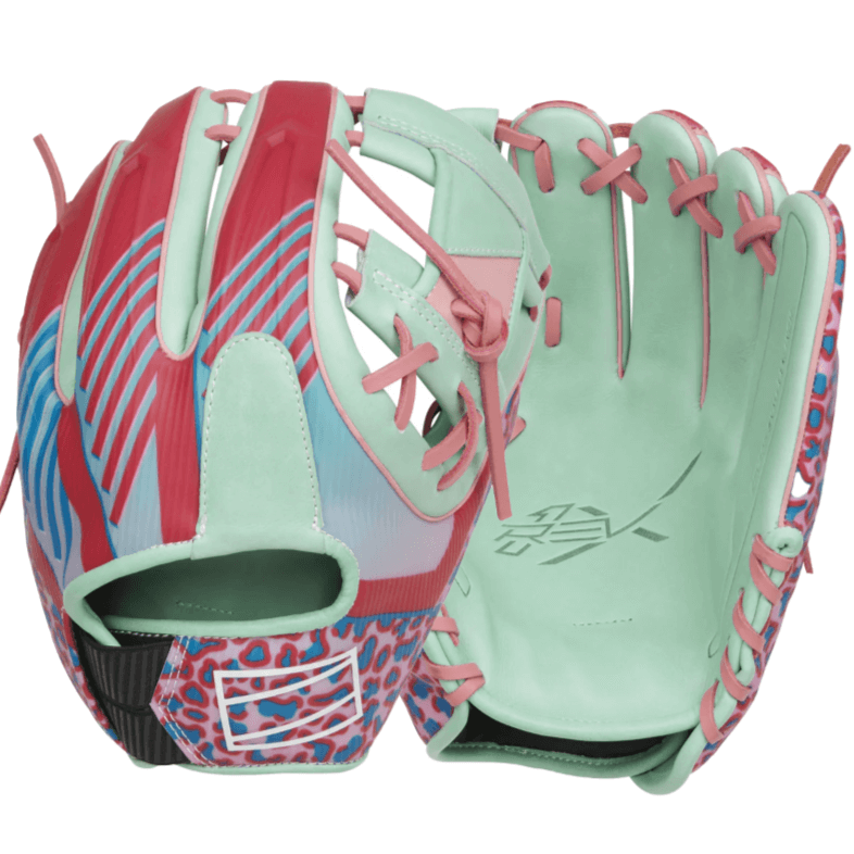 Rawlings Heart Of The Hide Color Sync 8.0 baseball glove with leopard-print trim in vibrant colors and mint green leather.