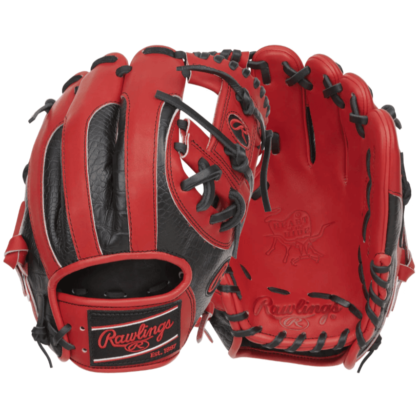 Rawlings Heart Of the Hide Color Sync 8.0 Baseball Glove in red and black, featuring croc-embossed trim and a balanced pocket design.