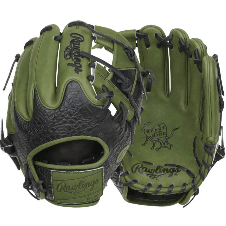 Rawlings Heart of the Hide Color Sync 8.0 baseball glove in military green and black, 11.5-inch RHT design.