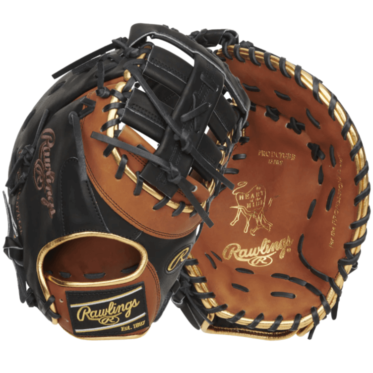 Rawlings Heart Of The Hide Color Sync 8.0 13-inch first base mitt in black and brown with gold binding accents.