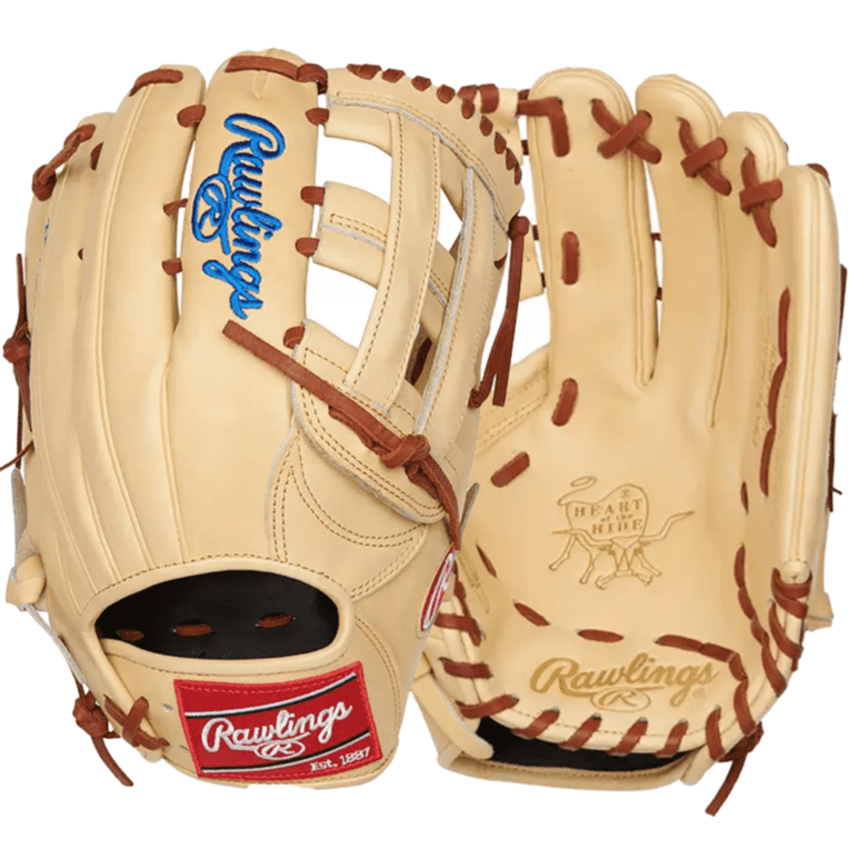 Rawlings Heart of the Hide 12.75-inch RHT glove featuring camel leather, tan laces, and vibrant blue logo.