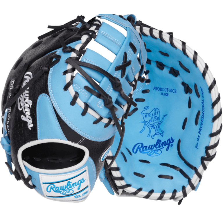 Rawlings Heart of the Hide First Base Mitt 13" in Columbia Blue and Black, showcasing its durable leather and pocket design.