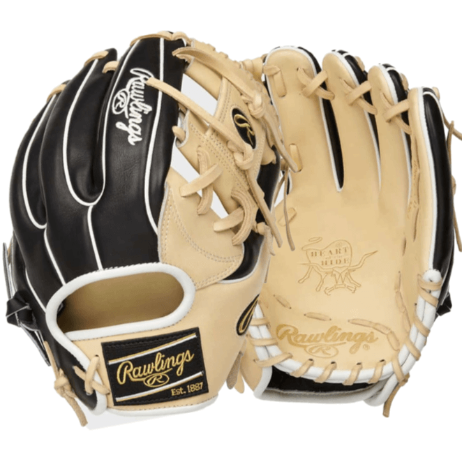 Rawlings Heart of the Hide R2G 11.5-inch infield glove in black and tan leather with signature logo.