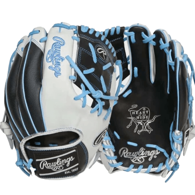 Rawlings Heart of the Hide R2G 1-piece solid web glove, 11.5 inches, black and white design with blue accents.