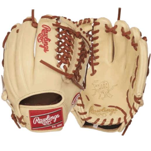 Rawlings Heart of the Hide glove, camel color, steer-hide leather, modified trapeze web, left-hand throw, baseball gear.
