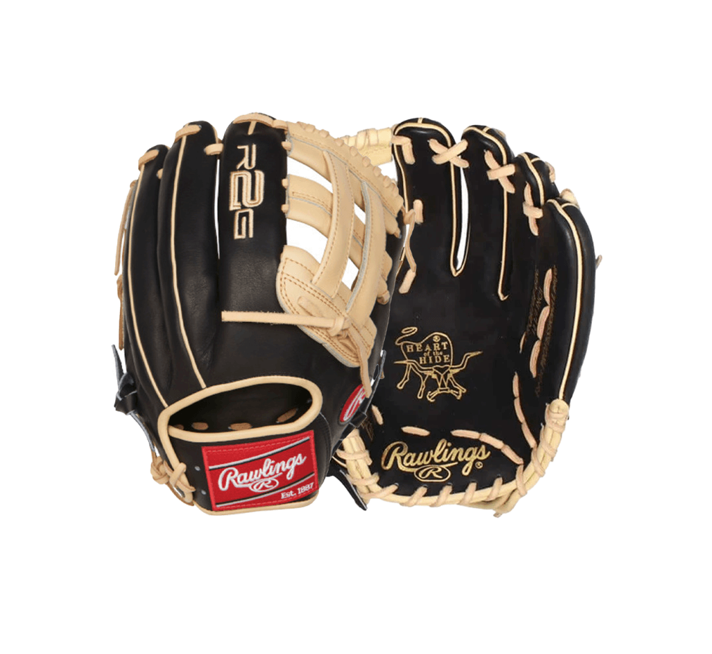 Rawlings Heart of the Hide R2G 12.25 Pro H Web Narrow Fit baseball glove in black and camel colorway.