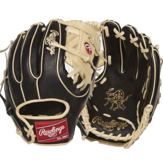 Rawlings Heart of the Hide R2G 11.5" infield glove in black and camel colorway, featuring pro-grade leather and ready-to-go break-in.