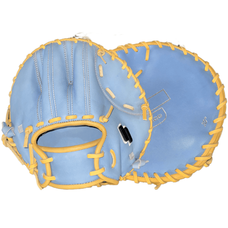 Light blue baseball glove with yellow stitching, designed for optimal grip and performance on the field.