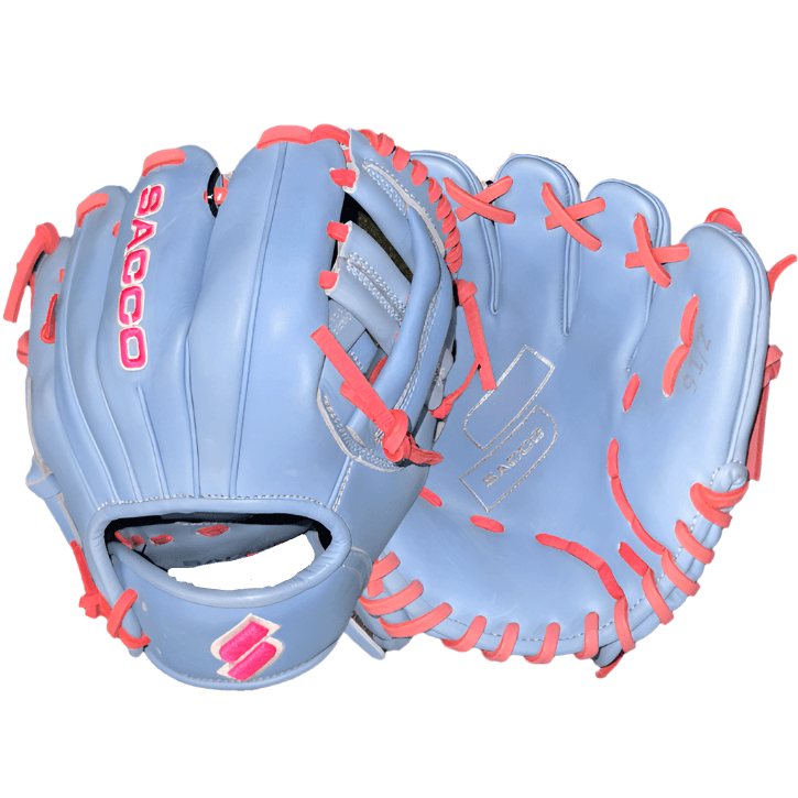 Sacco light blue baseball glove with pink accents, designed for comfort and performance in youth sports.