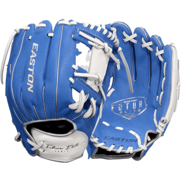 Easton Future Elite 11" youth baseball glove in royal blue and white, designed for young players' defensive performance.