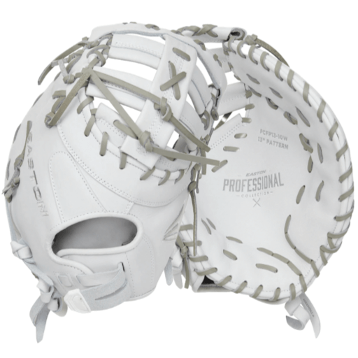 Easton Pro Collection 13" left-hand throw softball first base mitt with white premium leather design.