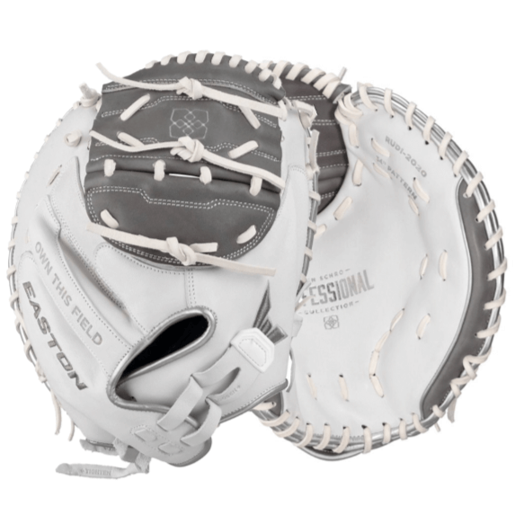 Easton Pro Collection Signature Series Jen Schro softball glove in grey and white design, optimized for performance and style.
