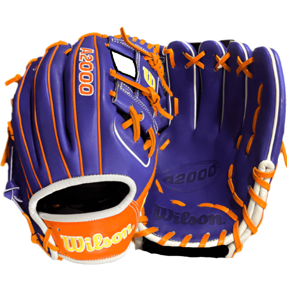 Wilson A2000 1786 11.5" baseball glove in orange and purple, designed for infield players with Pro Stock® leather.