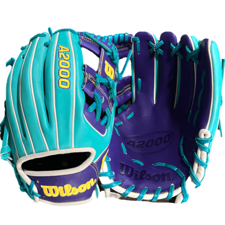 Wilson A2000 1786 11.5" baseball glove in teal and purple, designed for elite infield performance.