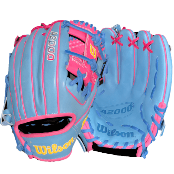 Wilson A2000 1975 11.75" baseball glove in pink lemonade color, featuring premium Pro Stock leather for durability.
