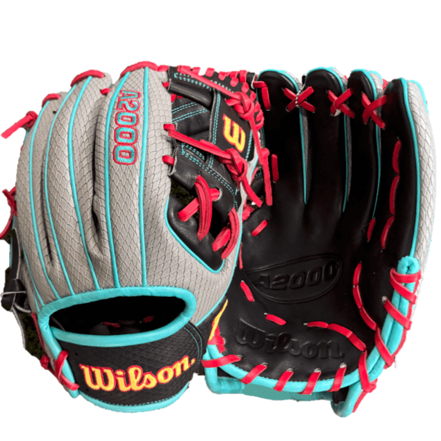 Wilson A2000 1786 11.5" Baseball Glove in grey and black with turquoise and red accents for elite players.