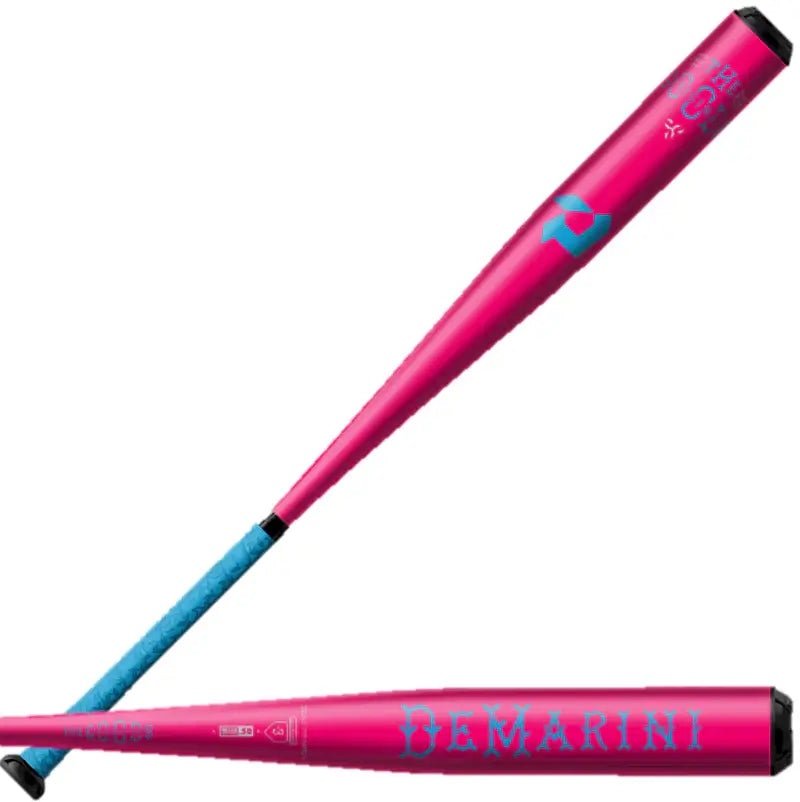 DeMarini Goods One Piece Limited Edition Pink Storm BBCOR bat showcasing vibrant pink design and teal grip, perfect for serious players.