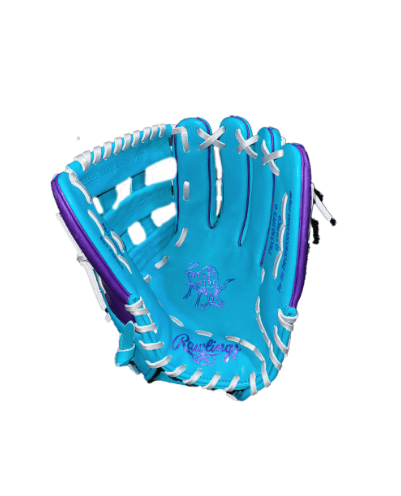 Rawlings custom outfield glove in blue and purple designed for superior performance and durability.