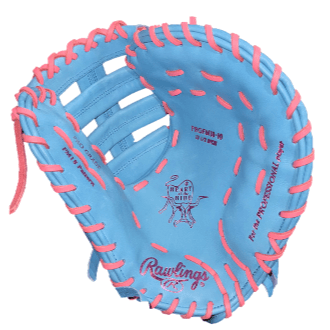 Rawlings Heart of the Hide Cotton Candy RHT 12.5" first baseman's glove in blue and pink, showcasing soft leather and precise craftsmanship.