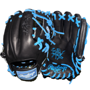 Rawlings Heart of the Hide Custom Infield glove in black with col. blue accents, featuring durable leather and custom design.