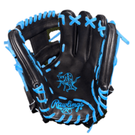 Rawlings Heart of the Hide Custom Infield glove in black with colorful blue stitching for enhanced performance and style.