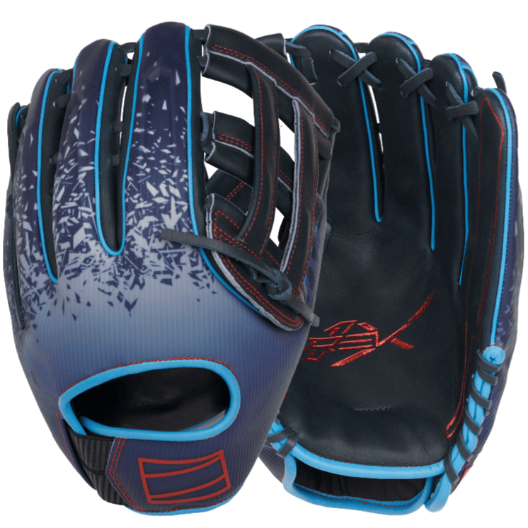 Rawlings REV1X 12.75-inch baseball glove in navy and white with black leather palm, designed for outfield players.