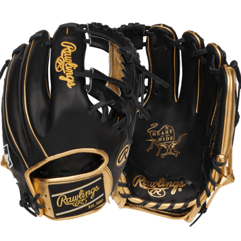 Rawlings June 2024 Gold Glove Club RGGC PROGOLDYVIII 11.5" infield glove in black and gold with Heart of the Hide leather.