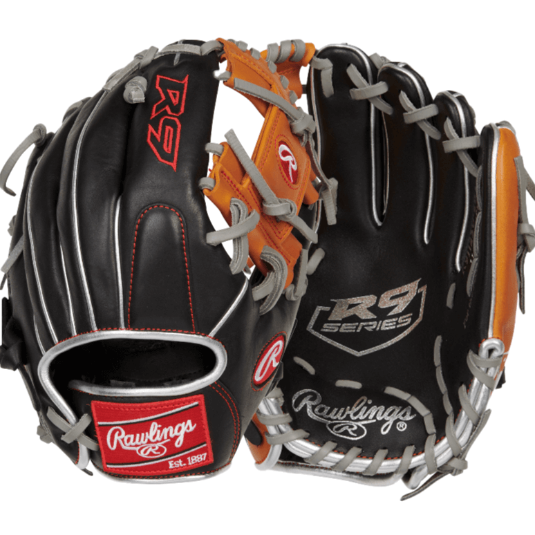 Rawlings R9 Contour Series 11.25-inch baseball glove, all-leather shell, ideal for youth players.