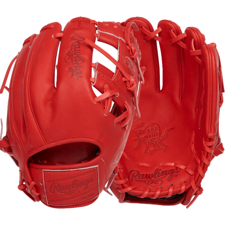 Rawlings Pro Label Elements Series Fire 11.5" infield glove in bright scarlet color, showcasing premium craftsmanship.