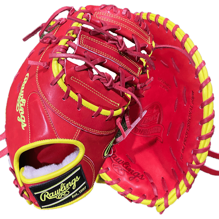 Rawlings Custom Pro Preferred 12 3/4 Scarlett/Optic Yellow 1B glove showcasing expert craftsmanship and vibrant design.