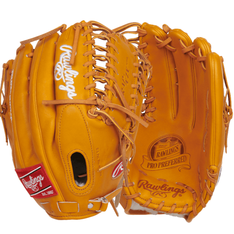 Rawlings Pro Preferred Outfield Glove in orange, featuring Trap-Eze web, designed for elite performance.