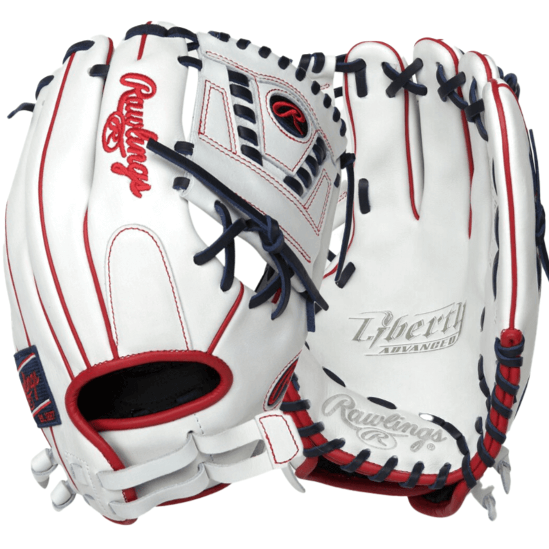 Rawlings Liberty Advanced Series Fastpitch glove, solid white and red, designed for optimal player performance.