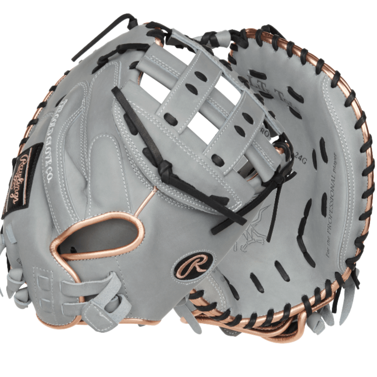 Rawlings Hearts of Hide 33" Fastpitch Catcher's Mitt in grey with copper accents, showcasing durable leather and basket web design.