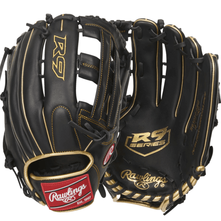 Rawlings R9 Series 12.75 outfield glove featuring Pro H-web design, padded lining, and reinforced palm for comfort and protection.