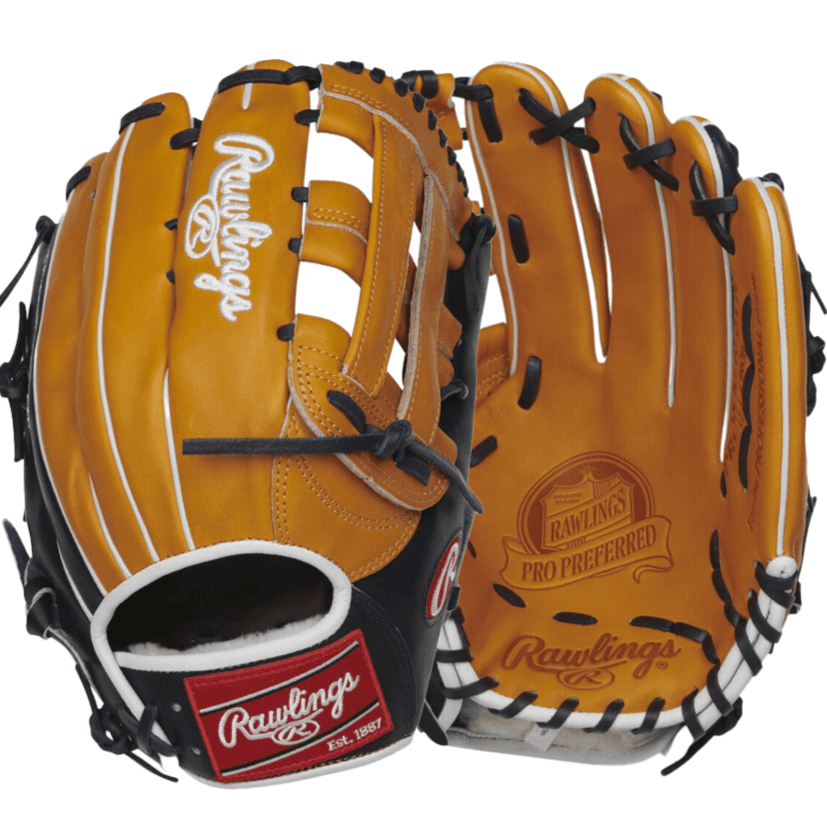 Rawlings Pro Preferred 12.75 outfield glove in tan and navy, featuring wool padding and Pittards sheepskin lining.