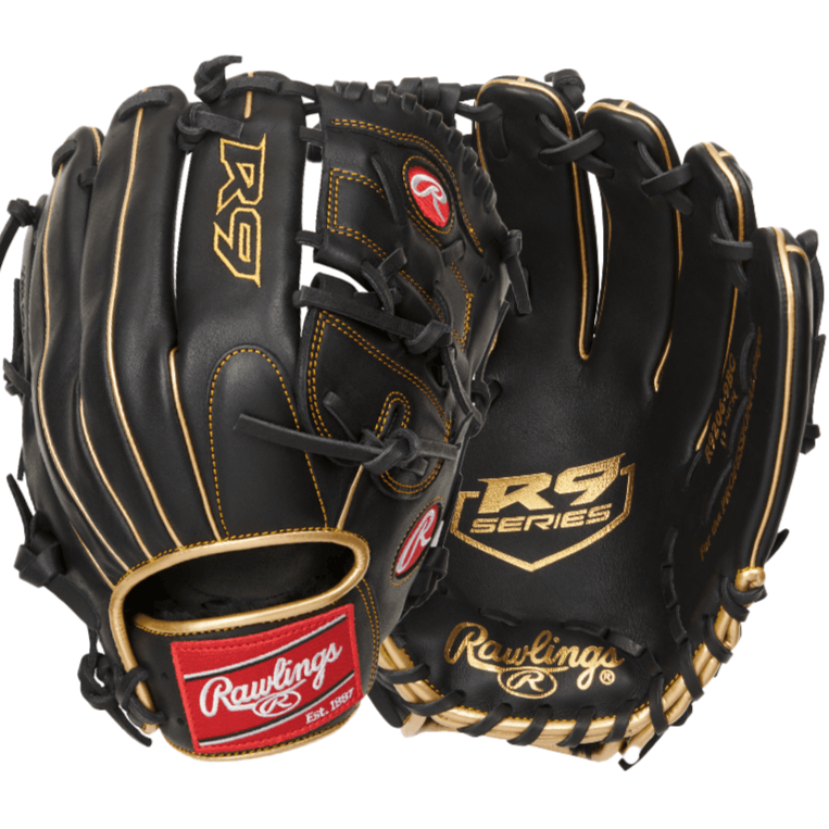 Rawlings R9 12" Pitcher Glove in black and gold, made from soft leather for comfort and performance.