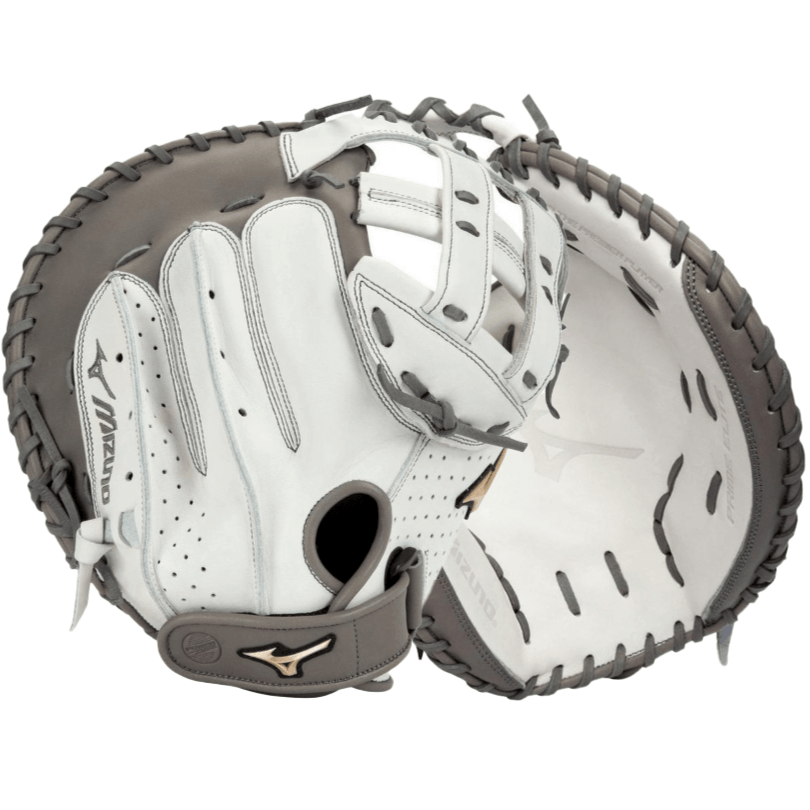 Mizuno GPE-340F Prime Elite Fastpitch Catcher's Mitt in white and grey leather, featuring lightweight design and UltraSoft Pro Palm.