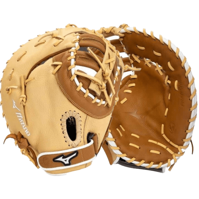 Mizuno GXF90B4 Franchise FBM 12.5 RH glove in tan-brown full grain leather with laced binding and Parashock palm pad.