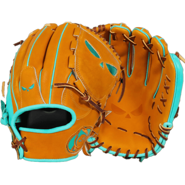 Front palm and backhand of Shadow 20 Sandstorm 12" LHT, featuring tan Japanese Kip Leather and teal accents.
