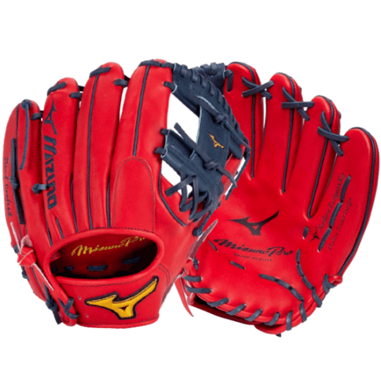 Mizuno Pro Andrelton Simmons 11.5" RH glove in navy and red, crafted from US Kip leather for perfect pocket design.