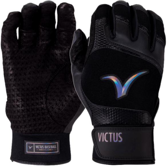 Victus Debut 2.0 Black batting glove showcasing Pittards sheepskin palm and Carbonium synthetic for grip and flexibility.