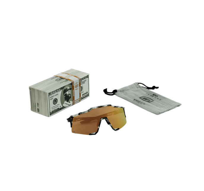 100% Speedcraft Money Mike 3 sunglasses in polished black tortoise with HiPER 24K gold mirror lens and cash bundle.