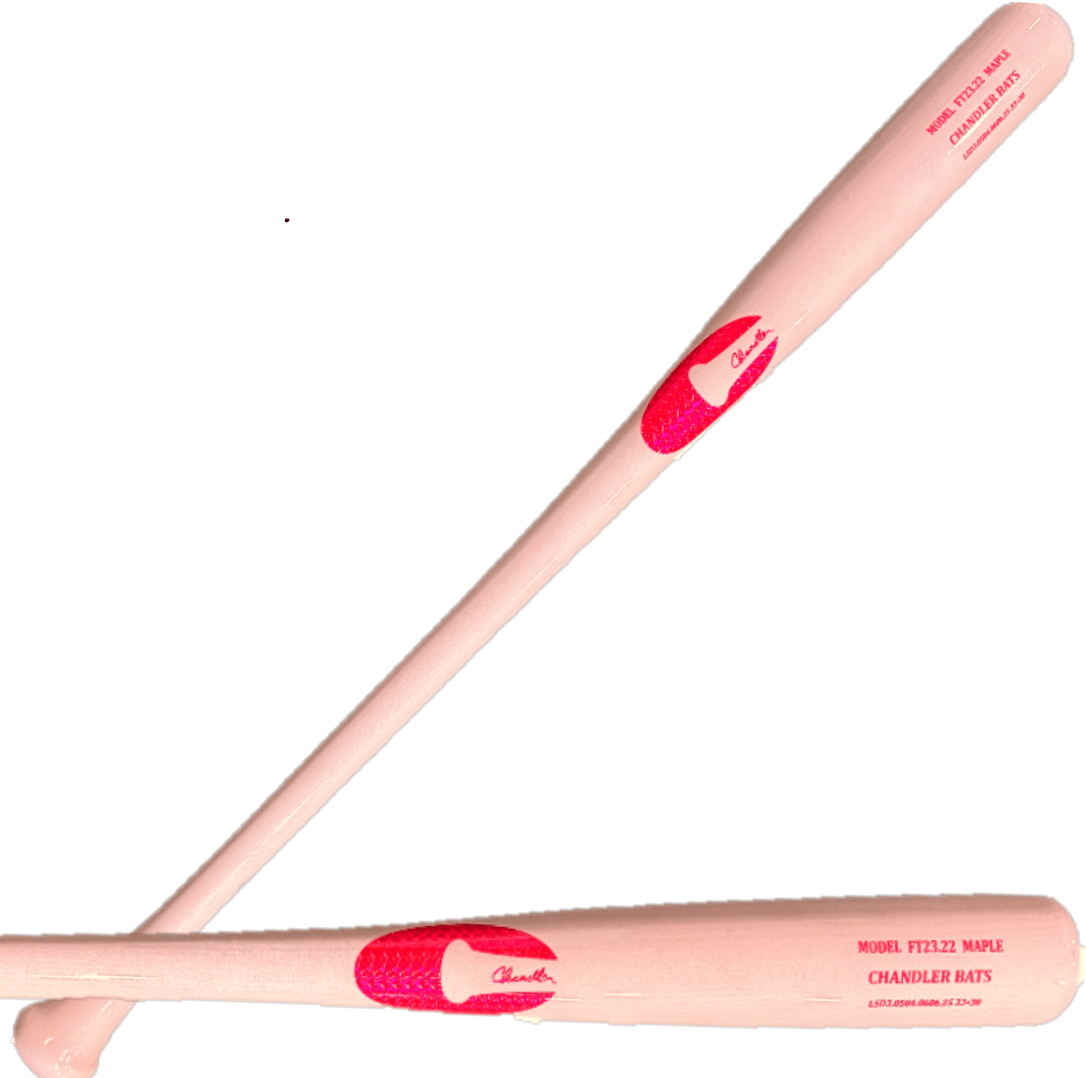 Chandler FT23.22 Clear Pink Maple Wood Baseball Bat featuring the brand logo and model details from a side view.
