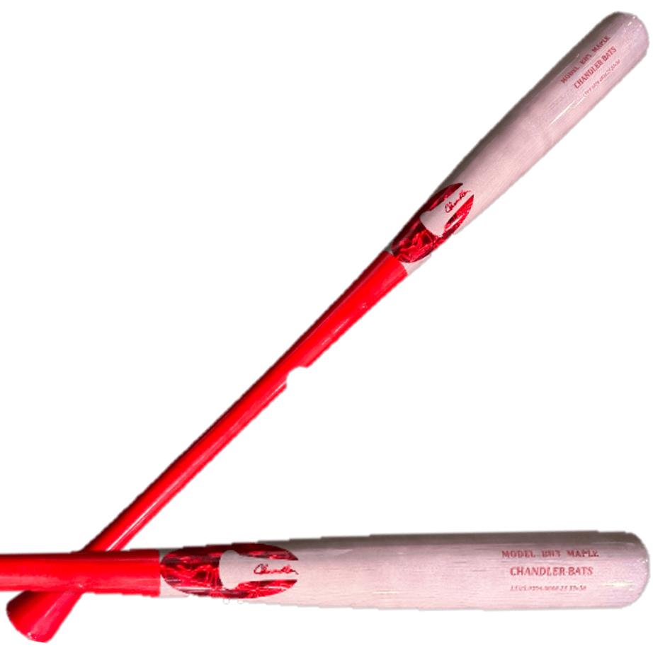 Chandler BH3 maple wood baseball bat, front view, showcasing red finish and tapered barrel design for precision.