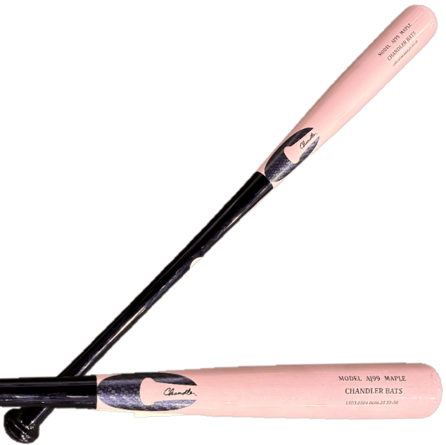 Chandler AJ99 Maple Baseball Bat in black and pink, showing front and angled view, highlighting premium wood and design.