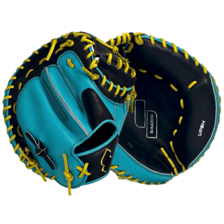 Sacco Ultra Premium Steer Hide 35 inch Catcher's Mitt in teal and black with yellow stitching.