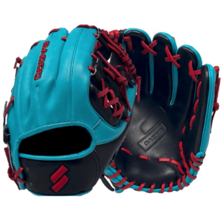 Sacco Ultra Premium gloves in teal, black, and red, featuring I-Web design and dual welt thumb, showcasing front view.